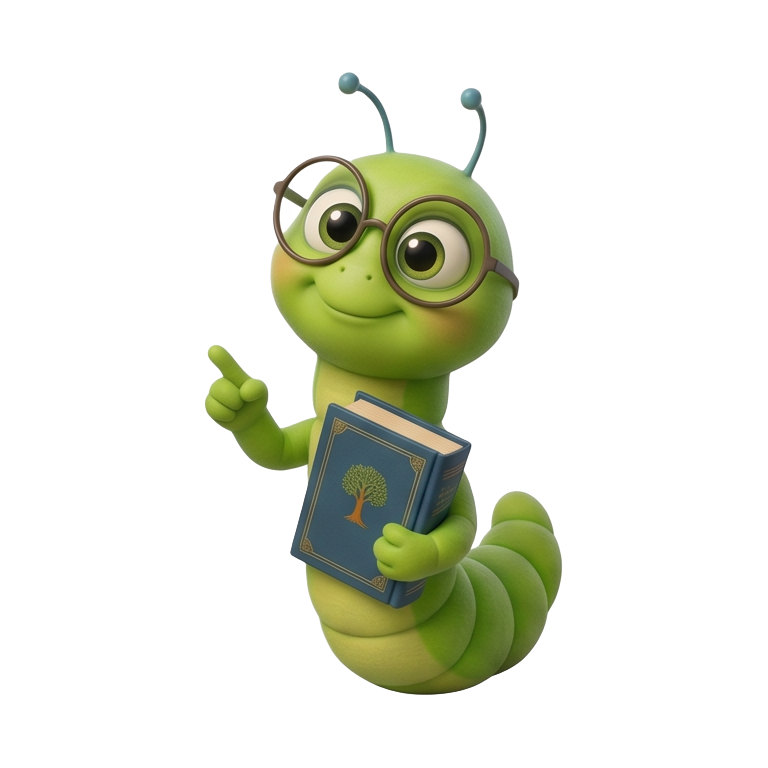 Barnaby with glasses and his book, thinking and learning