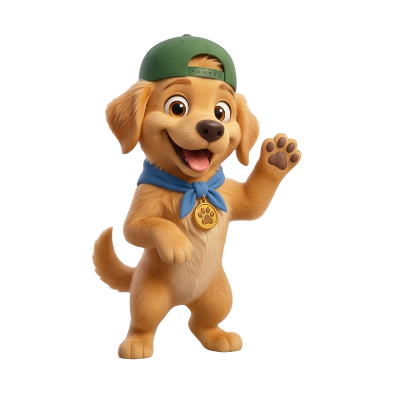 Pip wearing his green cap and blue neckerchief, welcoming you