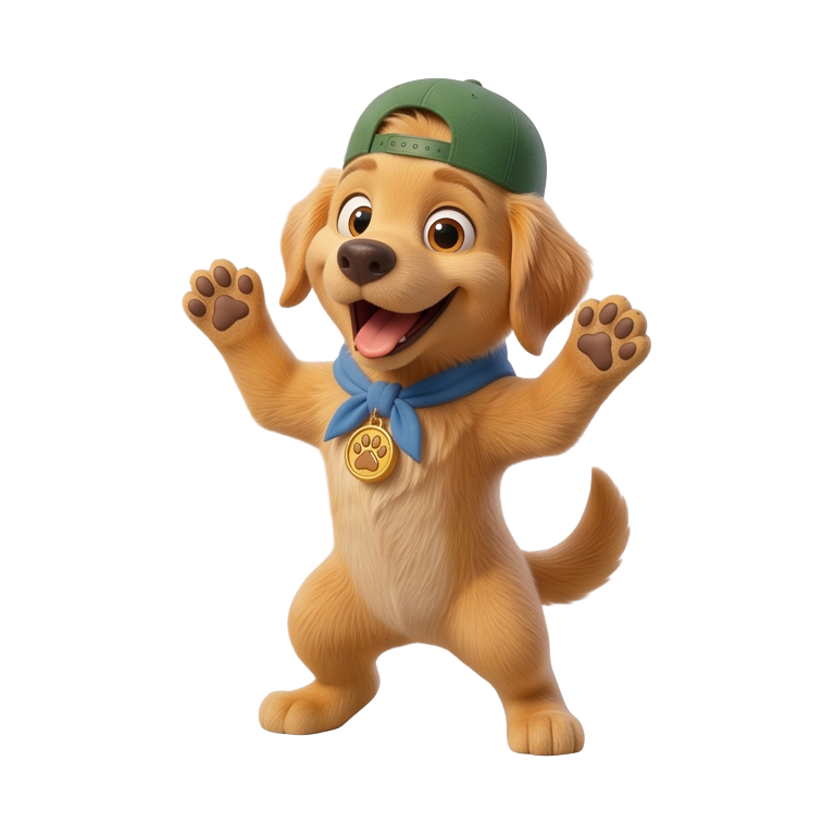 Pip wearing his green cap and blue neckerchief, celebrating
